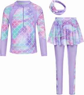 Girls Long Sleeve Rashguard Half Zip Swimsuits UPF 50  Two Piece Swim Sets with Hairband 5-12Y