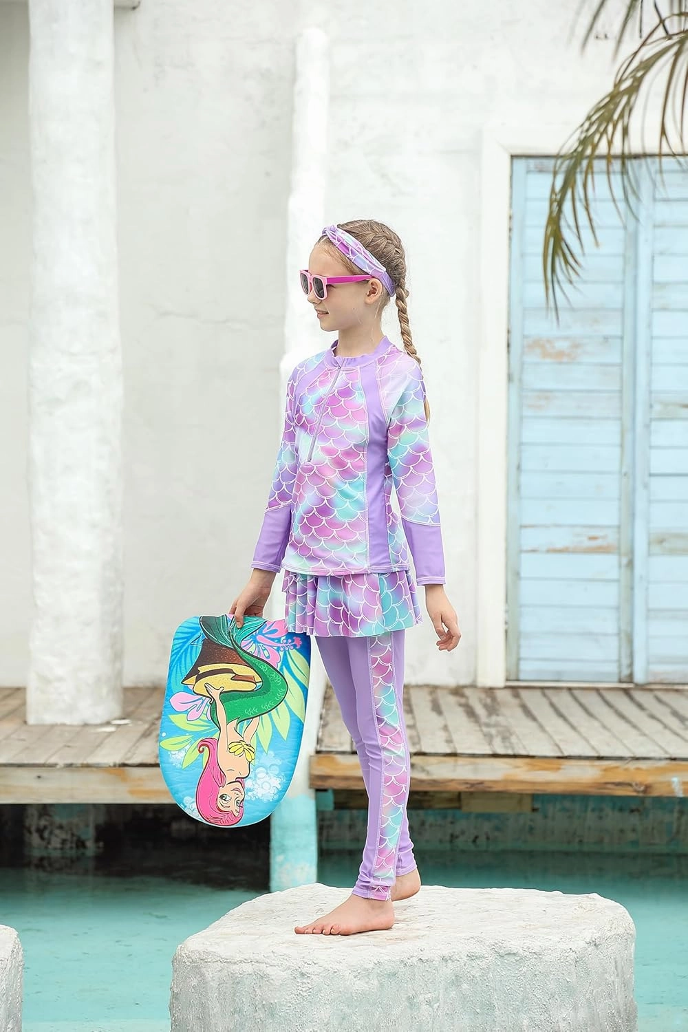 Girls Long Sleeve Rashguard Half Zip Swimsuits UPF 50  Two Piece Swim Sets with Hairband 5-12Y