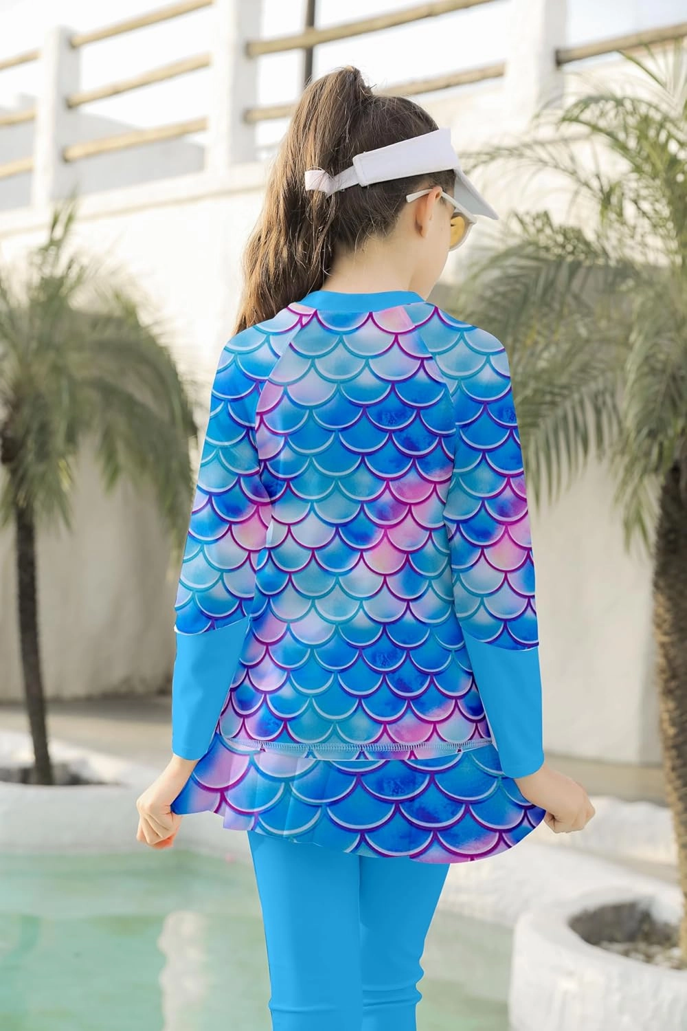 Girls Long Sleeve Rashguard Half Zip Swimsuits UPF 50  Two Piece Swim Sets with Hairband 5-12Y