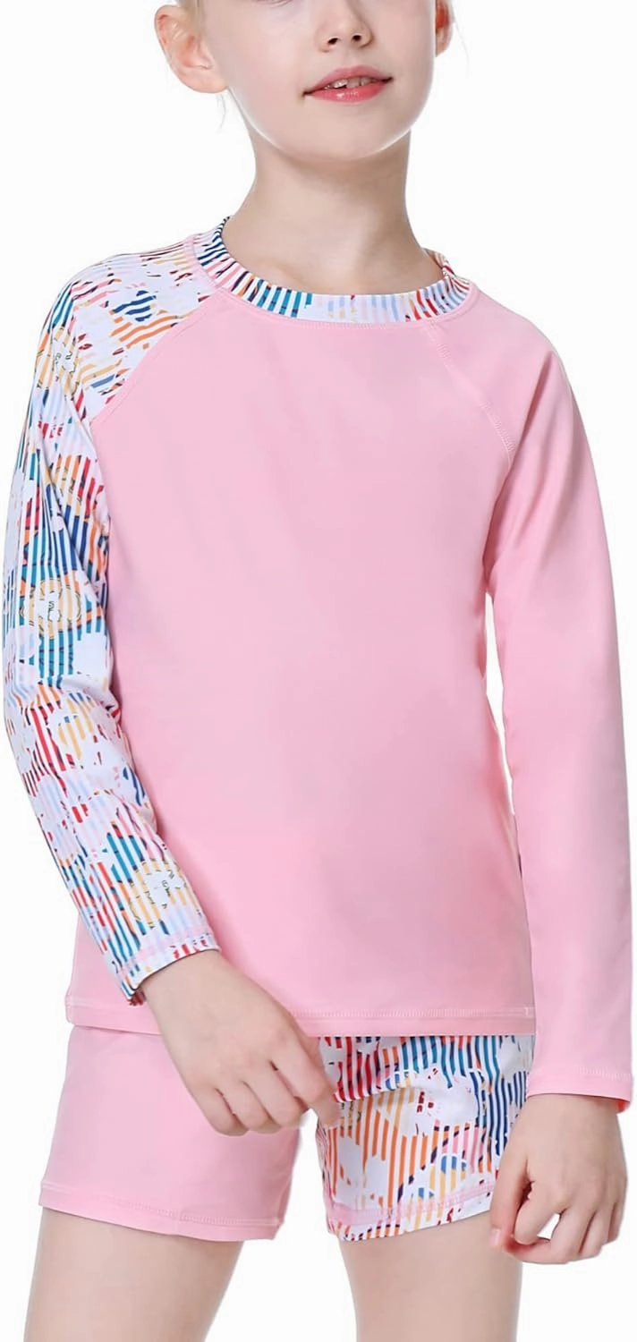 Girls Long Sleeve Swimsuits 2 Pieces Set Rash Guard Swimwear Quick Dry Surfing Wetsuit for Kids Bathing Suit 5-16 Years
