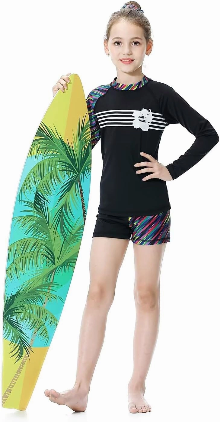 Girls Long Sleeve Swimsuits 2 Pieces Set Rash Guard Swimwear Quick Dry Surfing Wetsuit for Kids Bathing Suit 5-16 Years