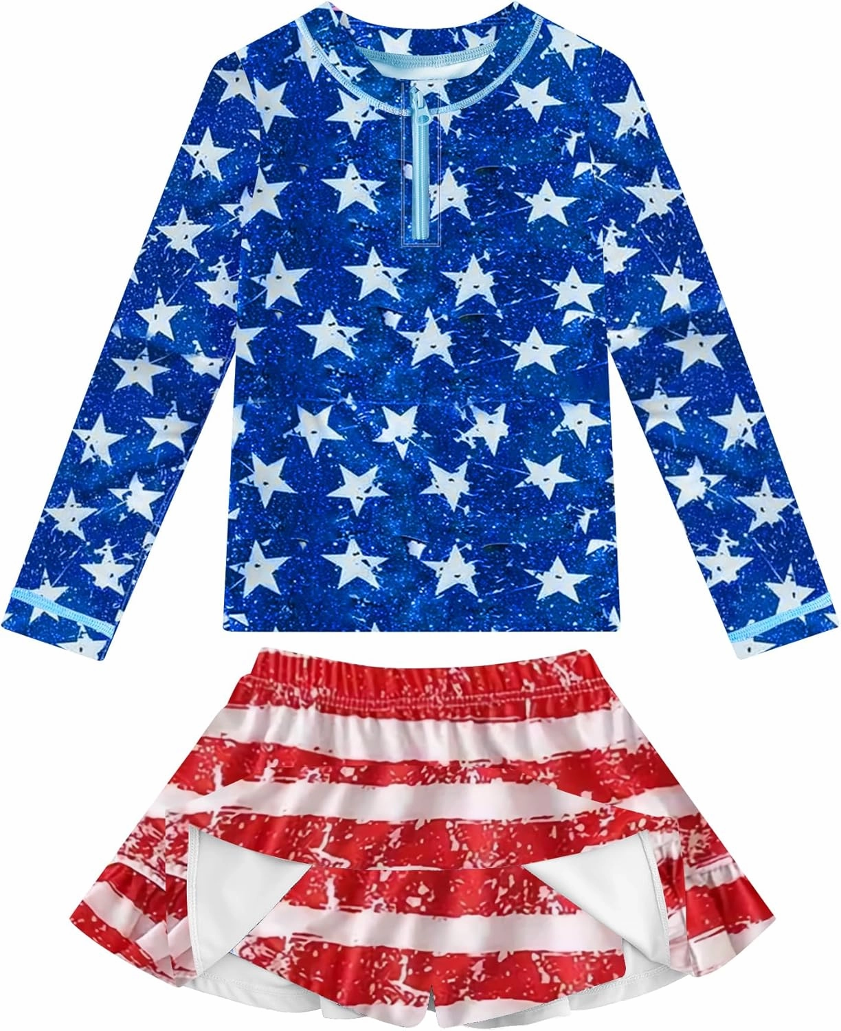 Girls Rash Guard Set Two Pieces Printed Zipper Swimsuit Skirt with Shorts 3-12T