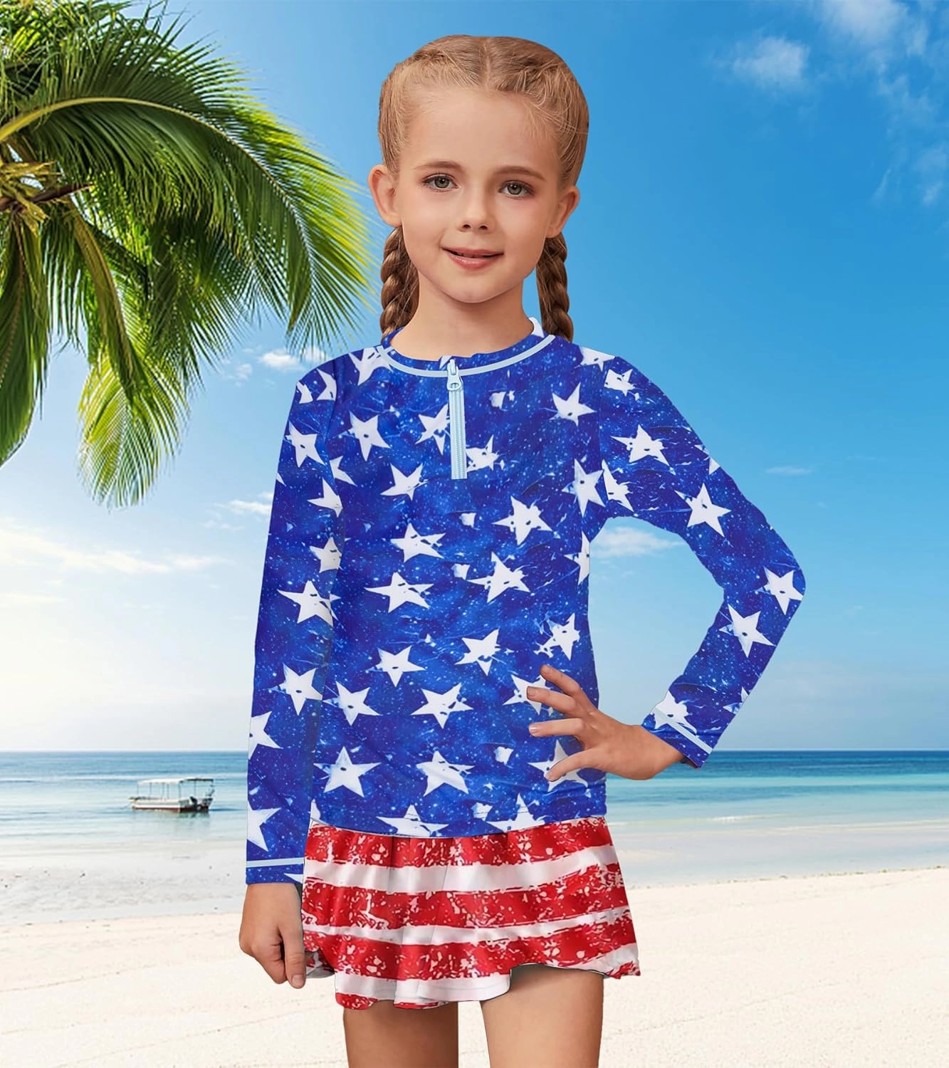 Girls Rash Guard Set Two Pieces Printed Zipper Swimsuit Skirt with Shorts 3-12T