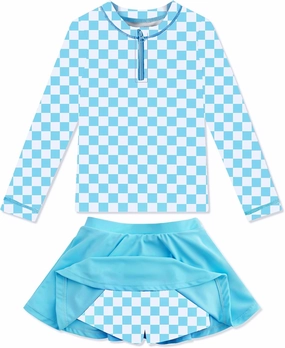 Girls Rash Guard Set Two Pieces Printed Zipper Swimsuit Skirt with Shorts 3-12T