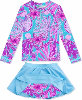 Girls Rash Guard Set Two Pieces Printed Zipper Swimsuit Skirt with Shorts 3-12T