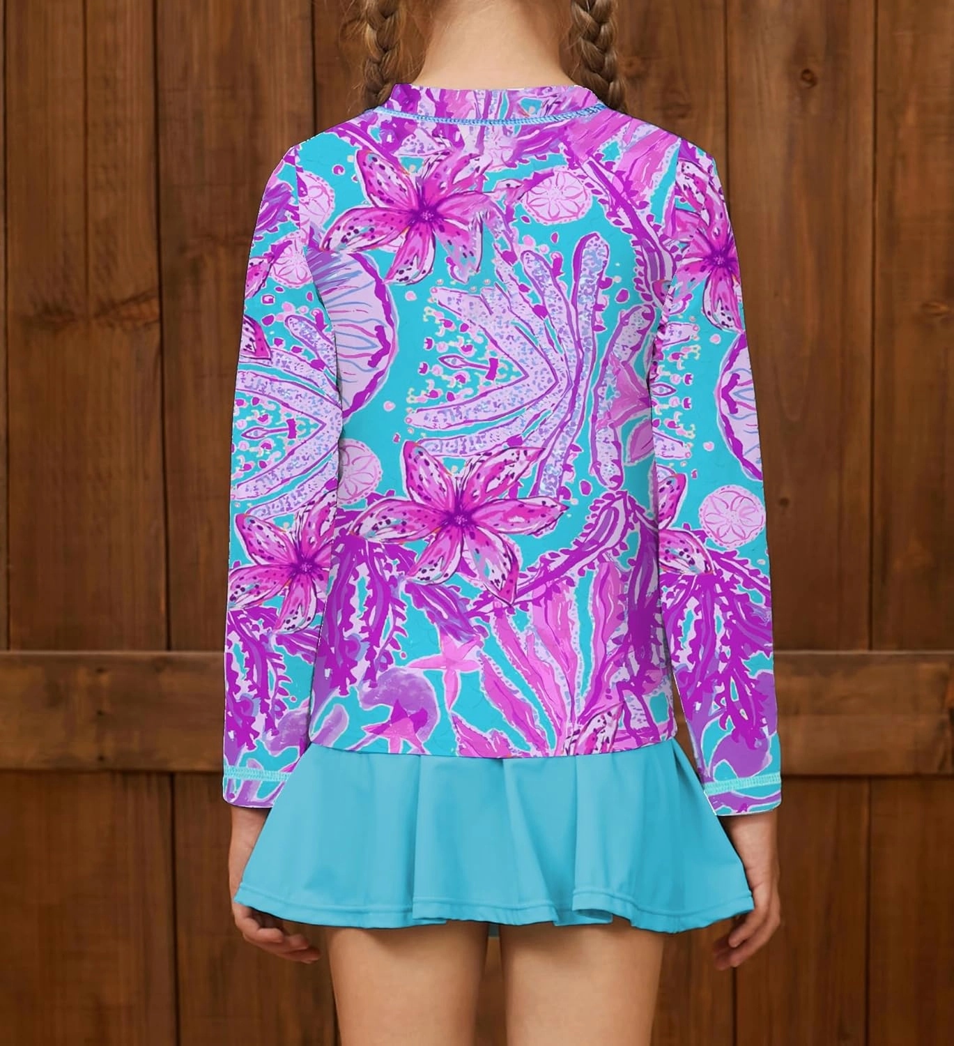 Girls Rash Guard Set Two Pieces Printed Zipper Swimsuit Skirt with Shorts 3-12T