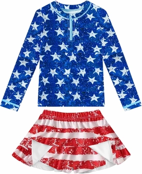 Girls Rash Guard Set Two Pieces Printed Zipper Swimsuit Skirt with Shorts 3-12T