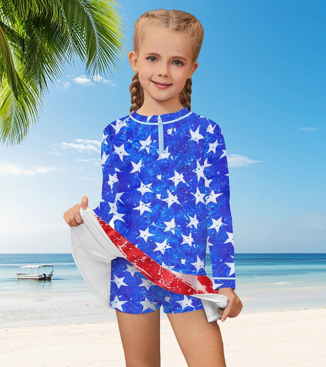 Girls Rash Guard Set Two Pieces Printed Zipper Swimsuit Skirt with Shorts 3-12T