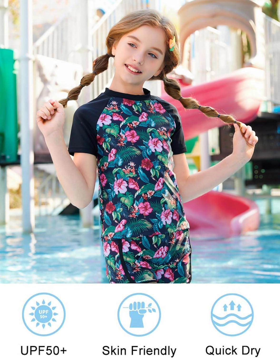 Girls Rash Guard Swimsuit Set 2 Piece Short Sleeve Bathing Suit Beach Swimwear UPF 50  Sun Proction 3-12 Years