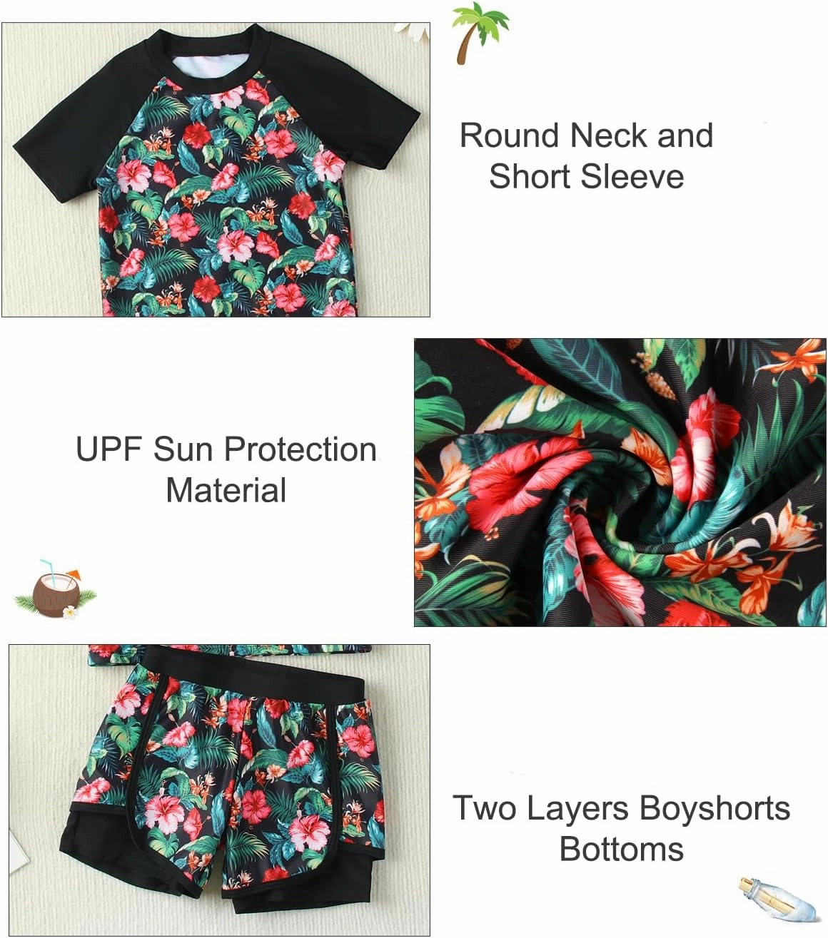 Girls Rash Guard Swimsuit Set 2 Piece Short Sleeve Bathing Suit Beach Swimwear UPF 50  Sun Proction 3-12 Years