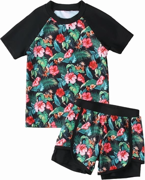 Girls Rash Guard Swimsuit Set 2 Piece Short Sleeve Bathing Suit Beach Swimwear UPF 50  Sun Proction 3-12 Years