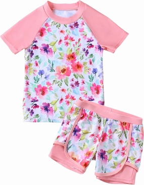 Girls Rash Guard Swimsuit Set 2 Piece Short Sleeve Bathing Suit Beach Swimwear UPF 50  Sun Proction 3-12 Years