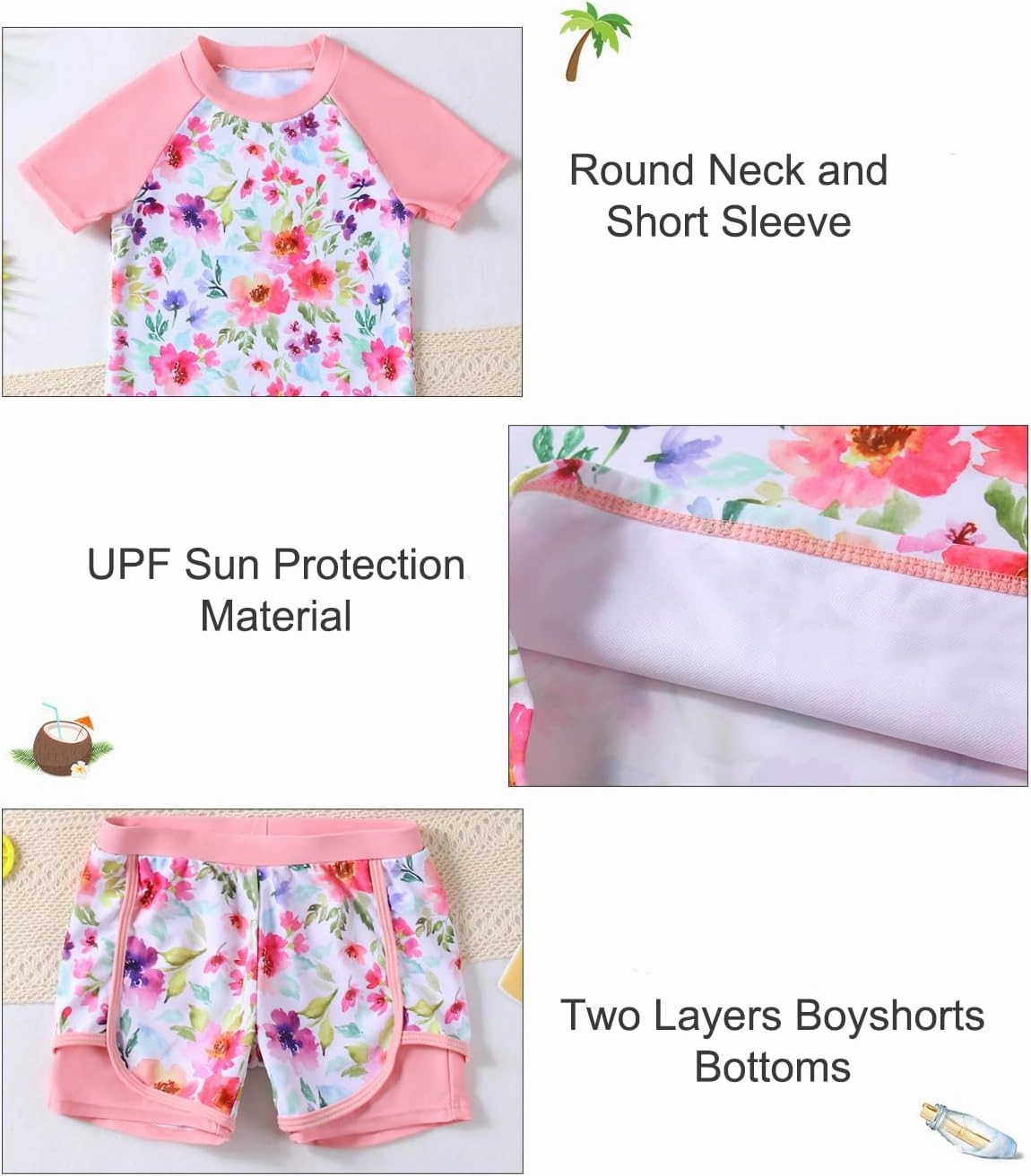 Girls Rash Guard Swimsuit Set 2 Piece Short Sleeve Bathing Suit Beach Swimwear UPF 50  Sun Proction 3-12 Years