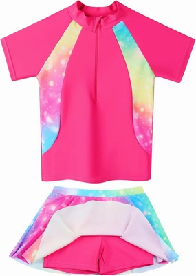 Girls Rash Guard Swimsuits Set 2 Pcs Bathing Suit UPF50  Short Sleeve Kids Beach Swimming Skirts with Shorts Swimwear 3-12Y