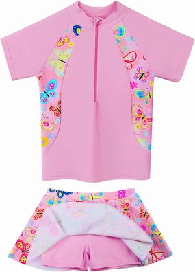 Girls Rash Guard Swimsuits Set 2 Pcs Bathing Suit UPF50  Short Sleeve Kids Beach Swimming Skirts with Shorts Swimwear 3-12Y