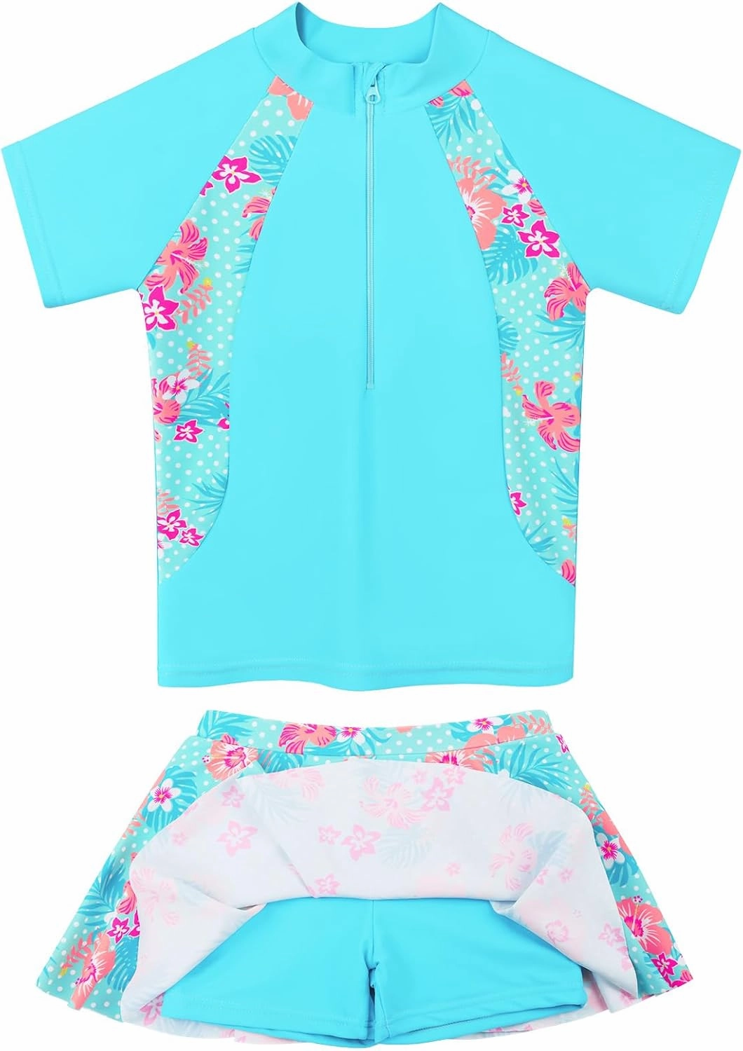 Girls Rash Guard Swimsuits Set 2 Pcs Bathing Suit UPF50  Short Sleeve Kids Beach Swimming Skirts with Shorts Swimwear 3-12Y