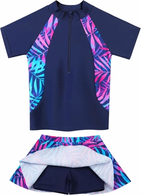 Girls Rash Guard Swimsuits Set 2 Pcs Bathing Suit UPF50  Short Sleeve Kids Beach Swimming Skirts with Shorts Swimwear 3-12Y