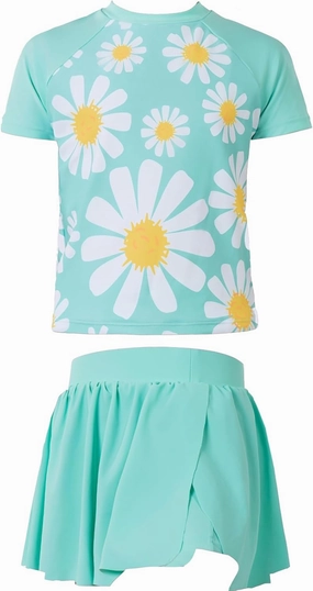 Girls Rashguard Set Flowy Skirt with Butterfly Short Print Short Sleeve Shirt Non-See Through Swimsuit 3-12 Years