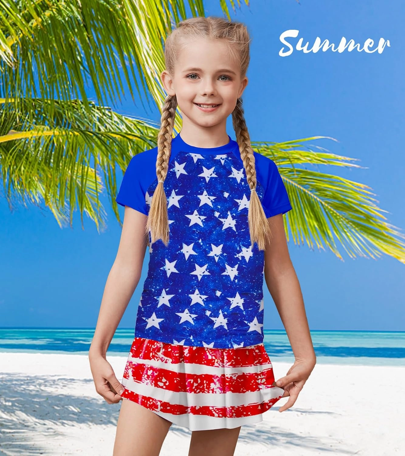 Girls Rashguard Set Flowy Skirt with Butterfly Short Print Short Sleeve Shirt Non-See Through Swimsuit 3-12 Years