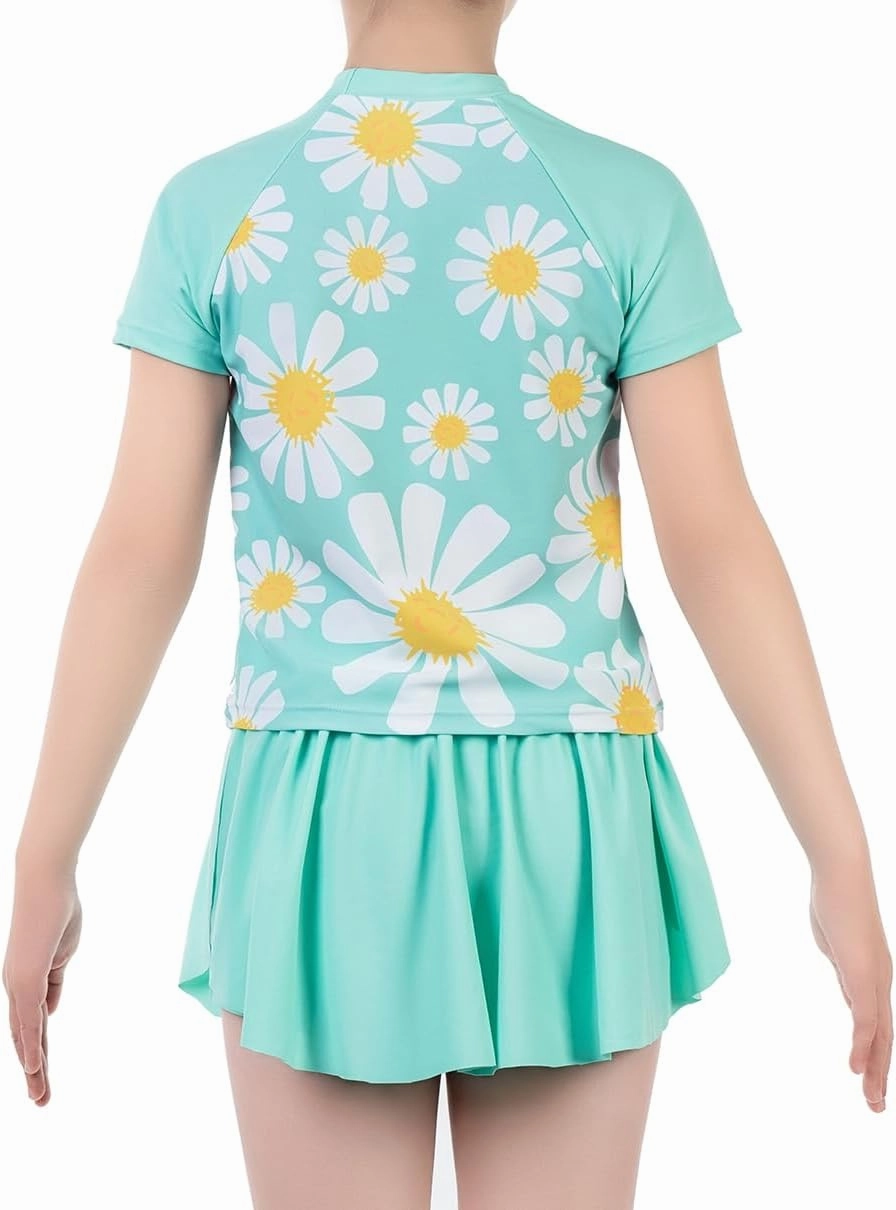Girls Rashguard Set Flowy Skirt with Butterfly Short Print Short Sleeve Shirt Non-See Through Swimsuit 3-12 Years