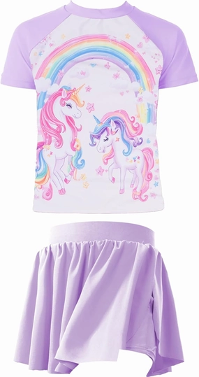 Girls Rashguard Set Flowy Skirt with Butterfly Short Print Short Sleeve Shirt Non-See Through Swimsuit 3-12 Years