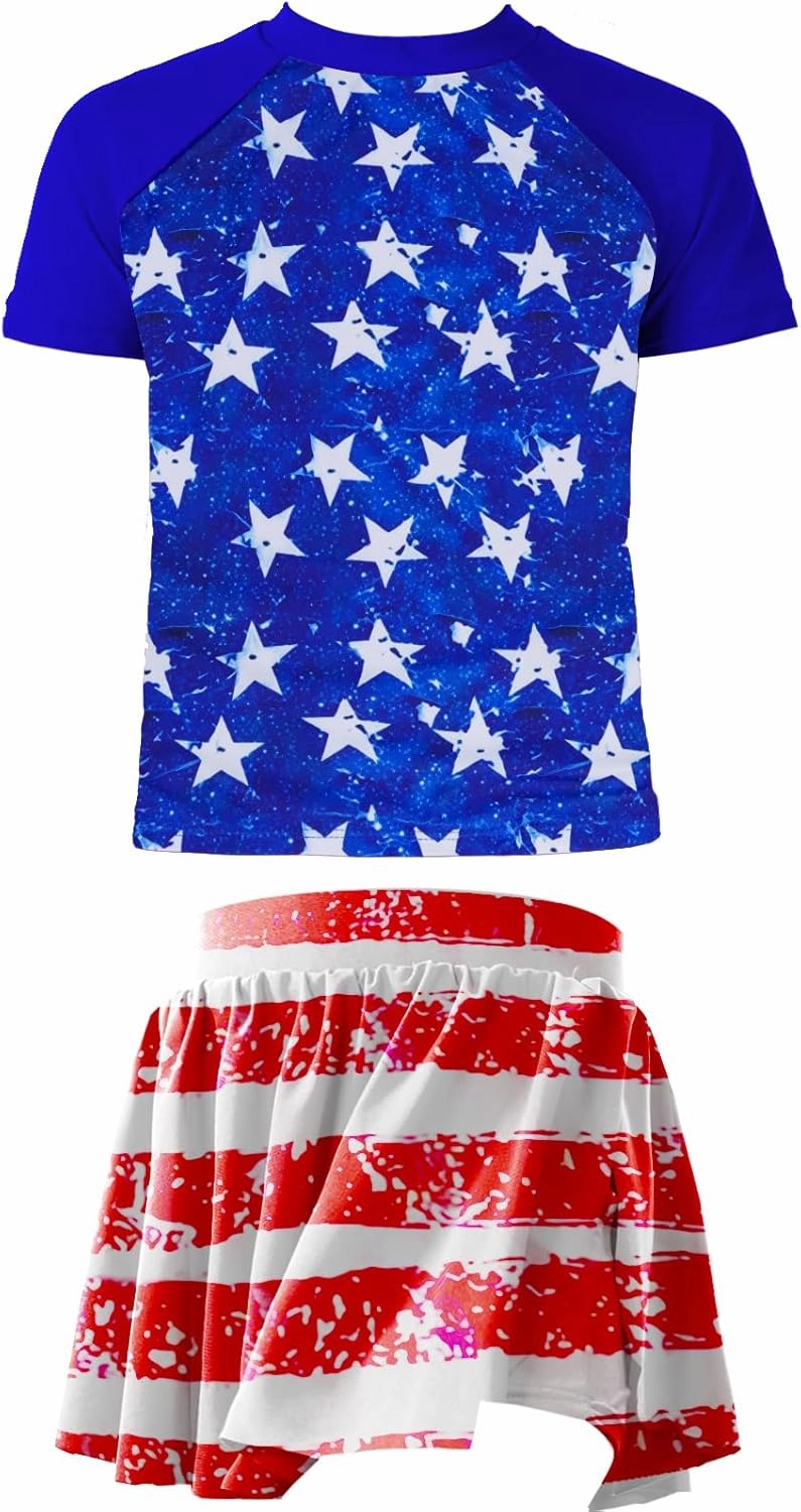 Girls Rashguard Set Flowy Skirt with Butterfly Short Print Short Sleeve Shirt Non-See Through Swimsuit 3-12 Years