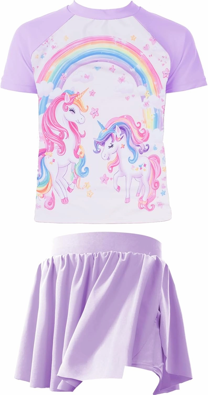 Girls Rashguard Set Flowy Skirt with Butterfly Short Print Short Sleeve Shirt Non-See Through Swimsuit 3-12 Years