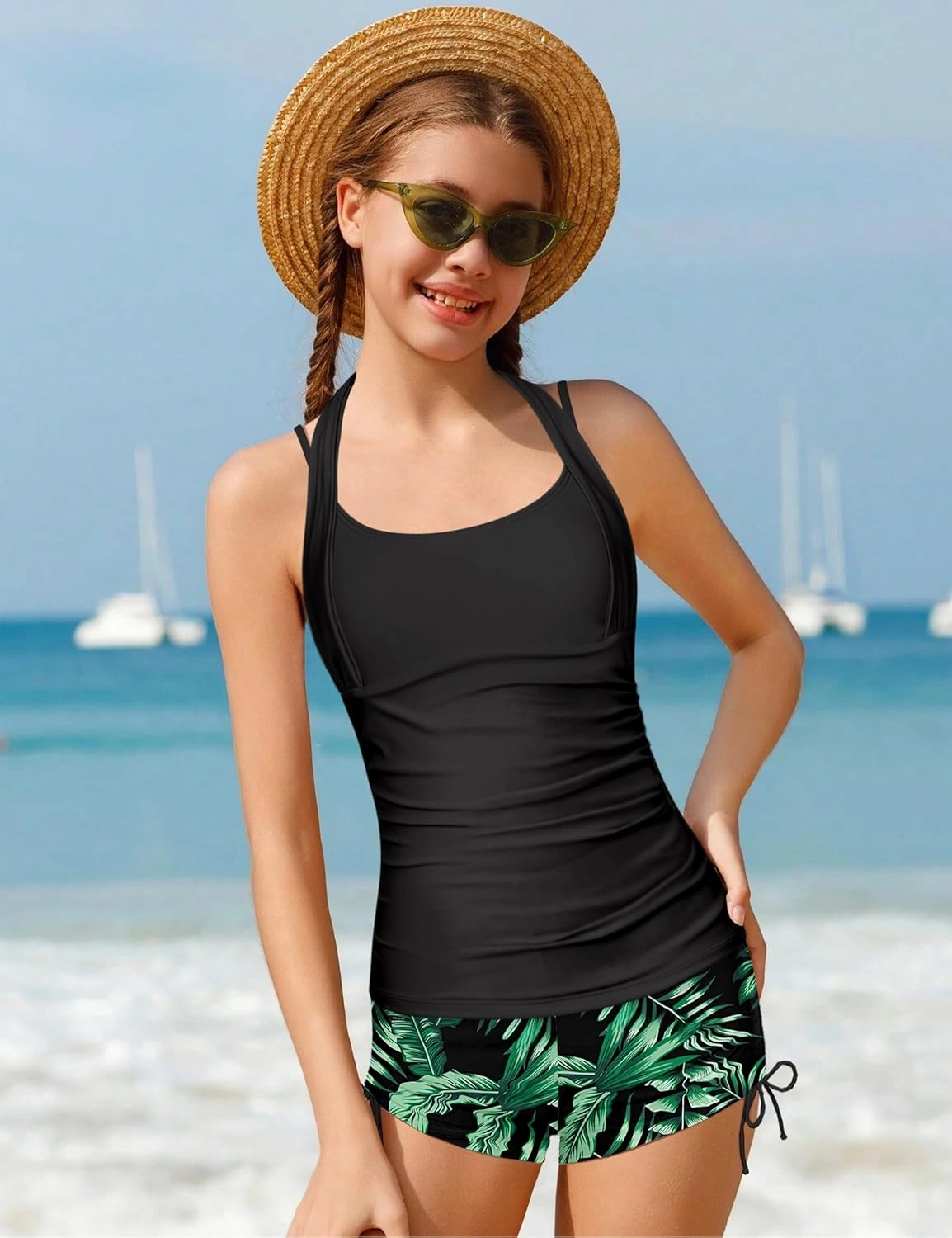 Girls Swimsuit 2 Piece Halterneck Girls Tankini Swimsuit Drawstring Printed Swim Shorts Girl Bathing Suit for 7-16T