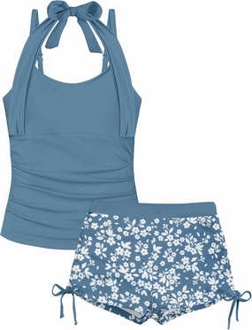 Girls Swimsuit 2 Piece Halterneck Girls Tankini Swimsuit Drawstring Printed Swim Shorts Girl Bathing Suit for 7-16T