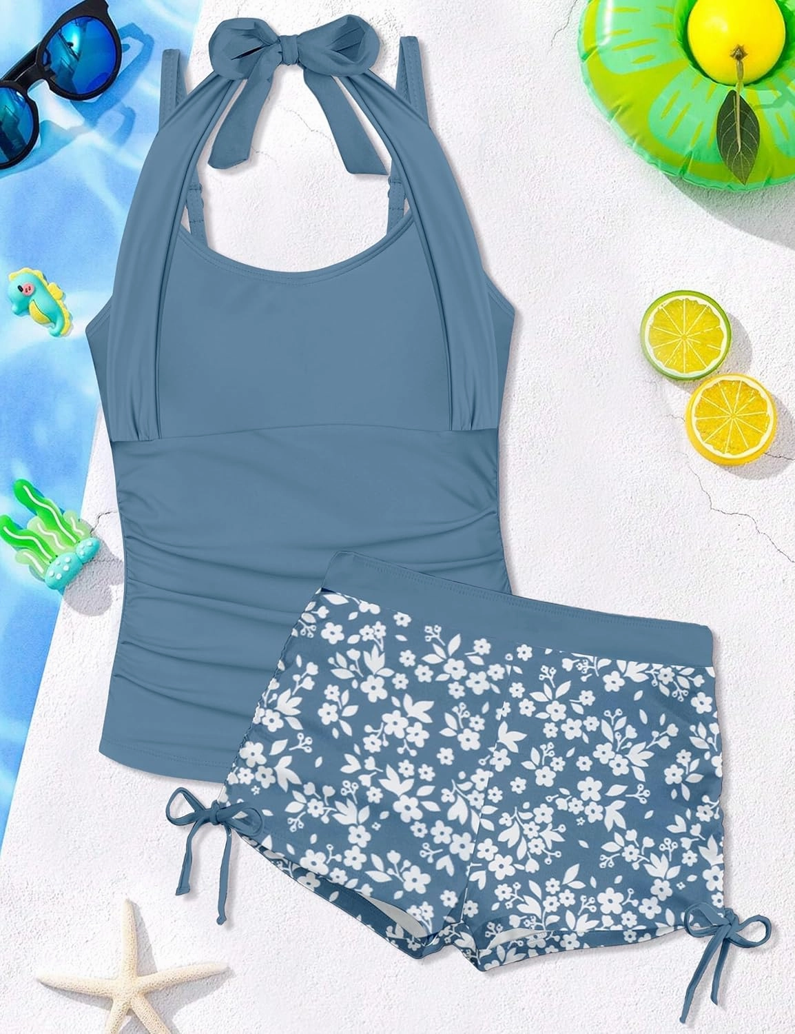 Girls Swimsuit 2 Piece Halterneck Girls Tankini Swimsuit Drawstring Printed Swim Shorts Girl Bathing Suit for 7-16T