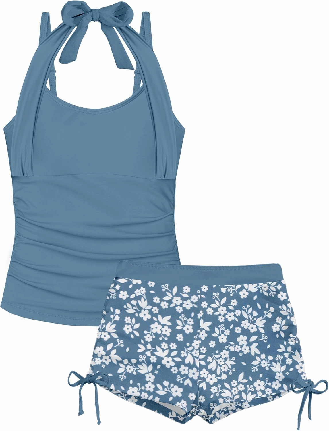 Girls Swimsuit 2 Piece Halterneck Girls Tankini Swimsuit Drawstring Printed Swim Shorts Girl Bathing Suit for 7-16T