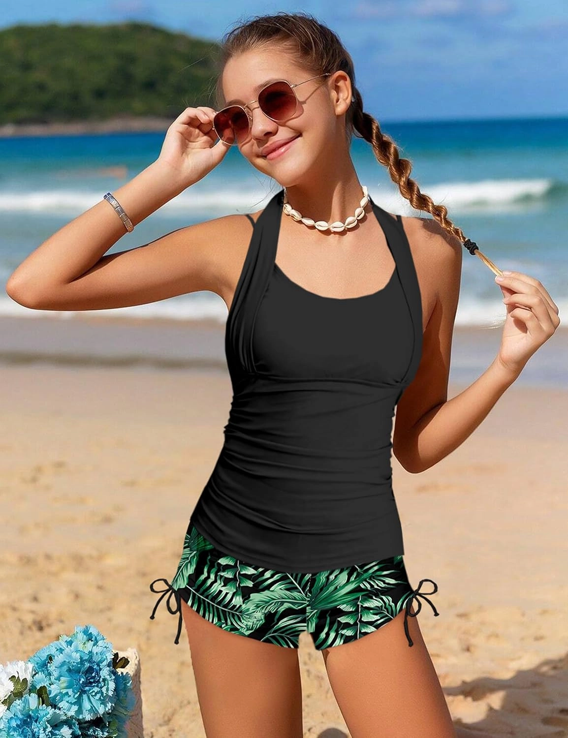 Girls Swimsuit 2 Piece Halterneck Girls Tankini Swimsuit Drawstring Printed Swim Shorts Girl Bathing Suit for 7-16T