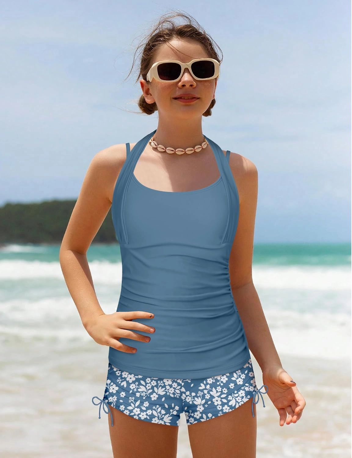 Girls Swimsuit 2 Piece Halterneck Girls Tankini Swimsuit Drawstring Printed Swim Shorts Girl Bathing Suit for 7-16T