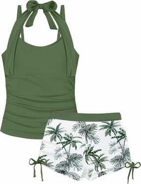 Girls Swimsuit 2 Piece Halterneck Girls Tankini Swimsuit Drawstring Printed Swim Shorts Girl Bathing Suit for 7-16T