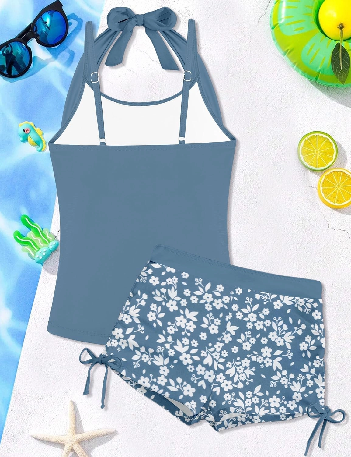 Girls Swimsuit 2 Piece Halterneck Girls Tankini Swimsuit Drawstring Printed Swim Shorts Girl Bathing Suit for 7-16T