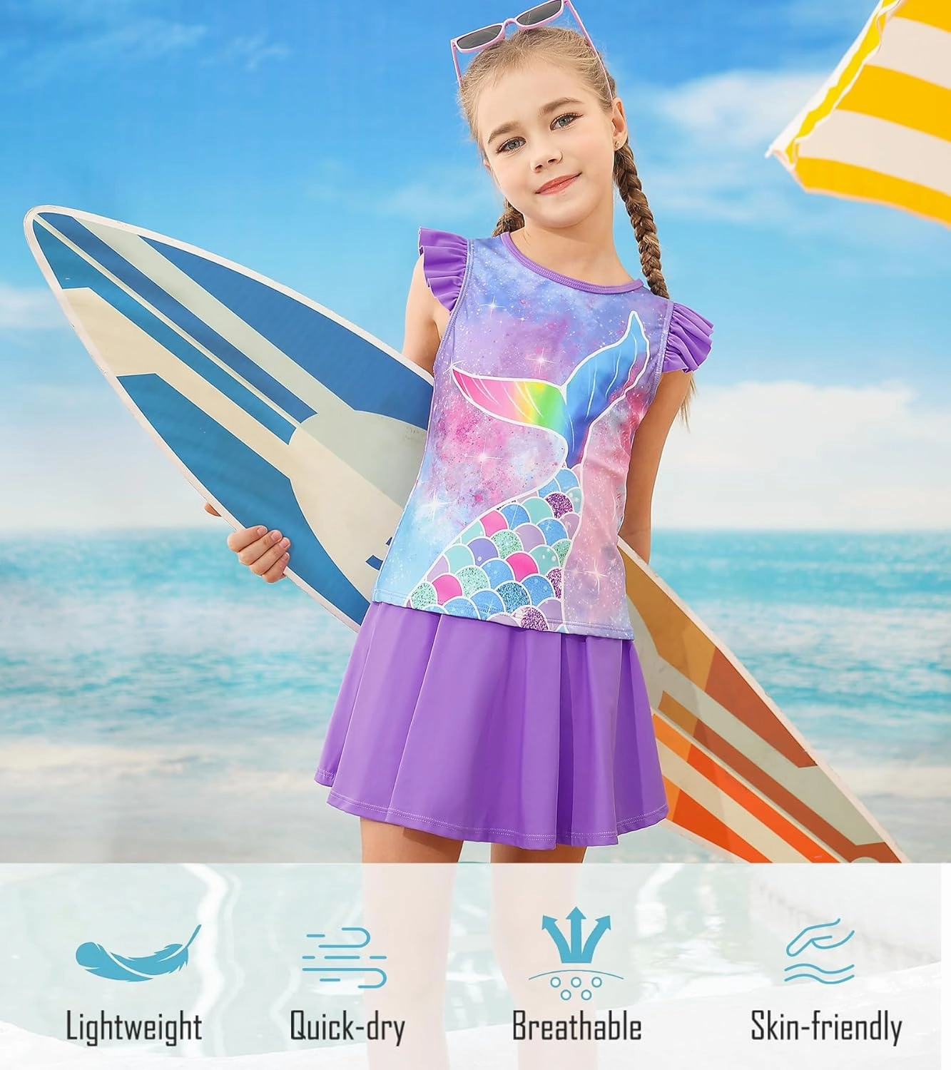 Girls Swimsuit 2 Piece Ruffle Bathing Suit UPF 50  Tankini Swimsuit Skirt with Lining Size 3-10