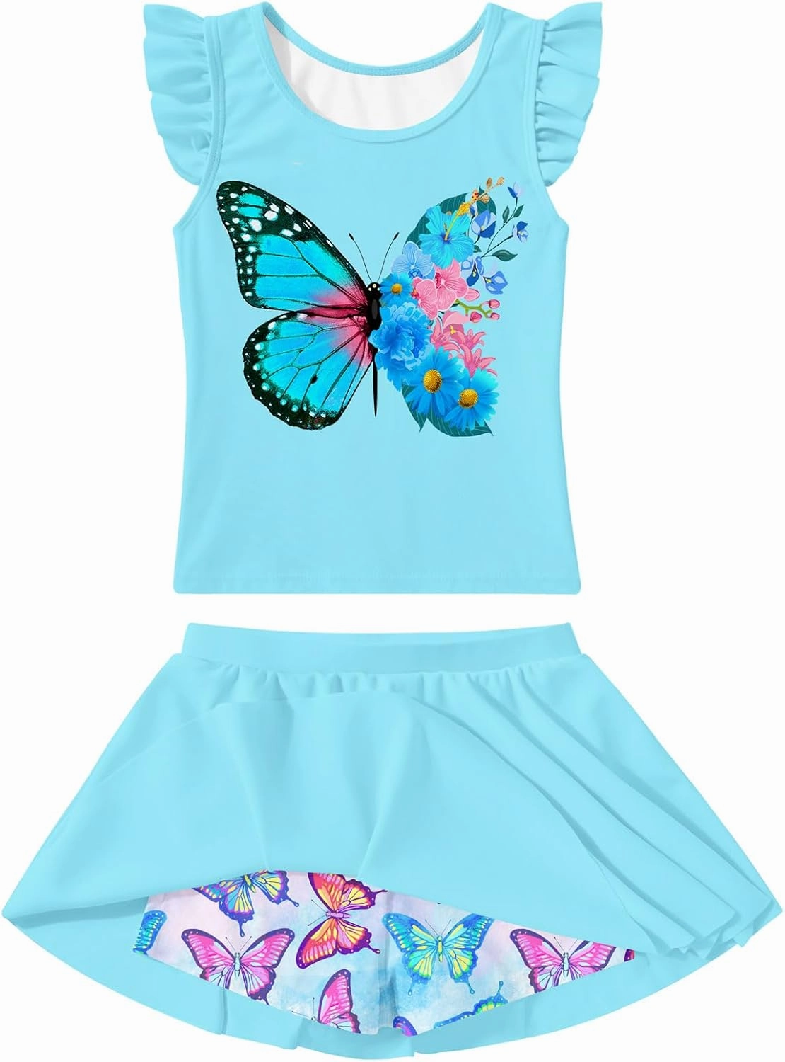 Girls Swimsuit 2 Piece Ruffle Bathing Suit UPF 50  Tankini Swimsuit Skirt with Lining Size 3-10