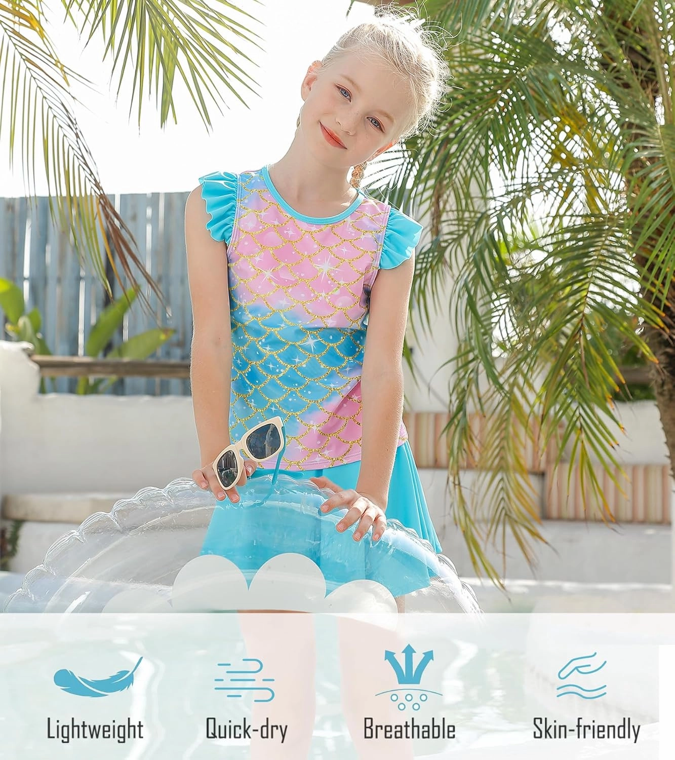 Girls Swimsuit 2 Piece Ruffle Bathing Suit UPF 50  Tankini Swimsuit Skirt with Lining Size 3-10