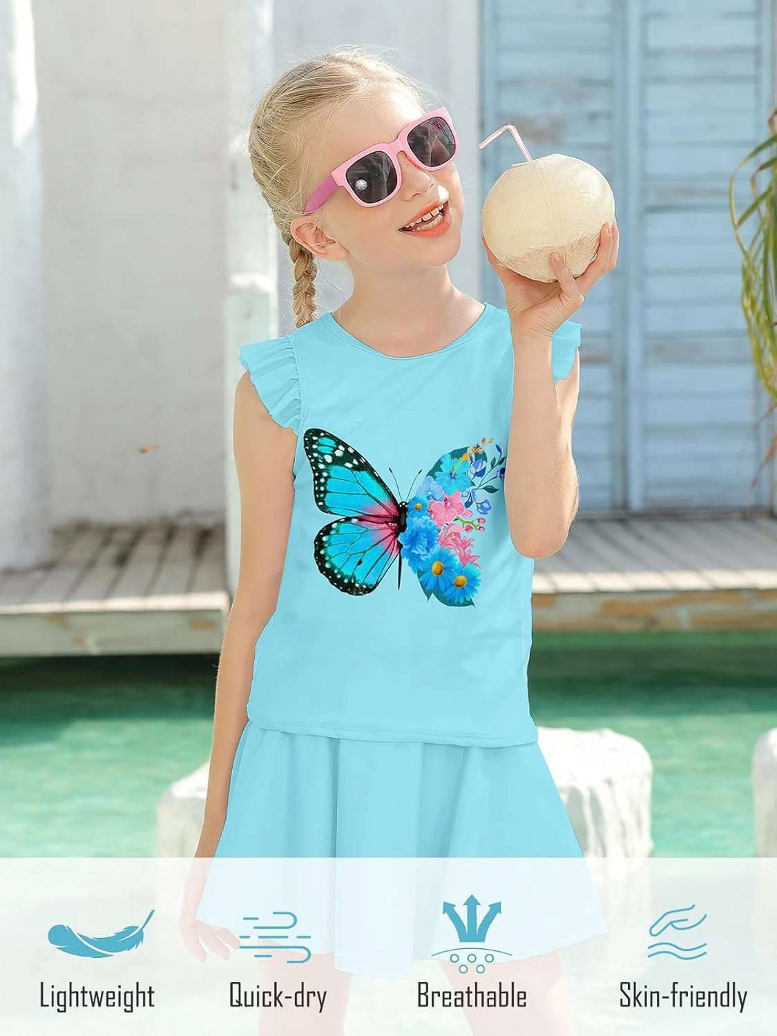 Girls Swimsuit 2 Piece Ruffle Bathing Suit UPF 50  Tankini Swimsuit Skirt with Lining Size 3-10