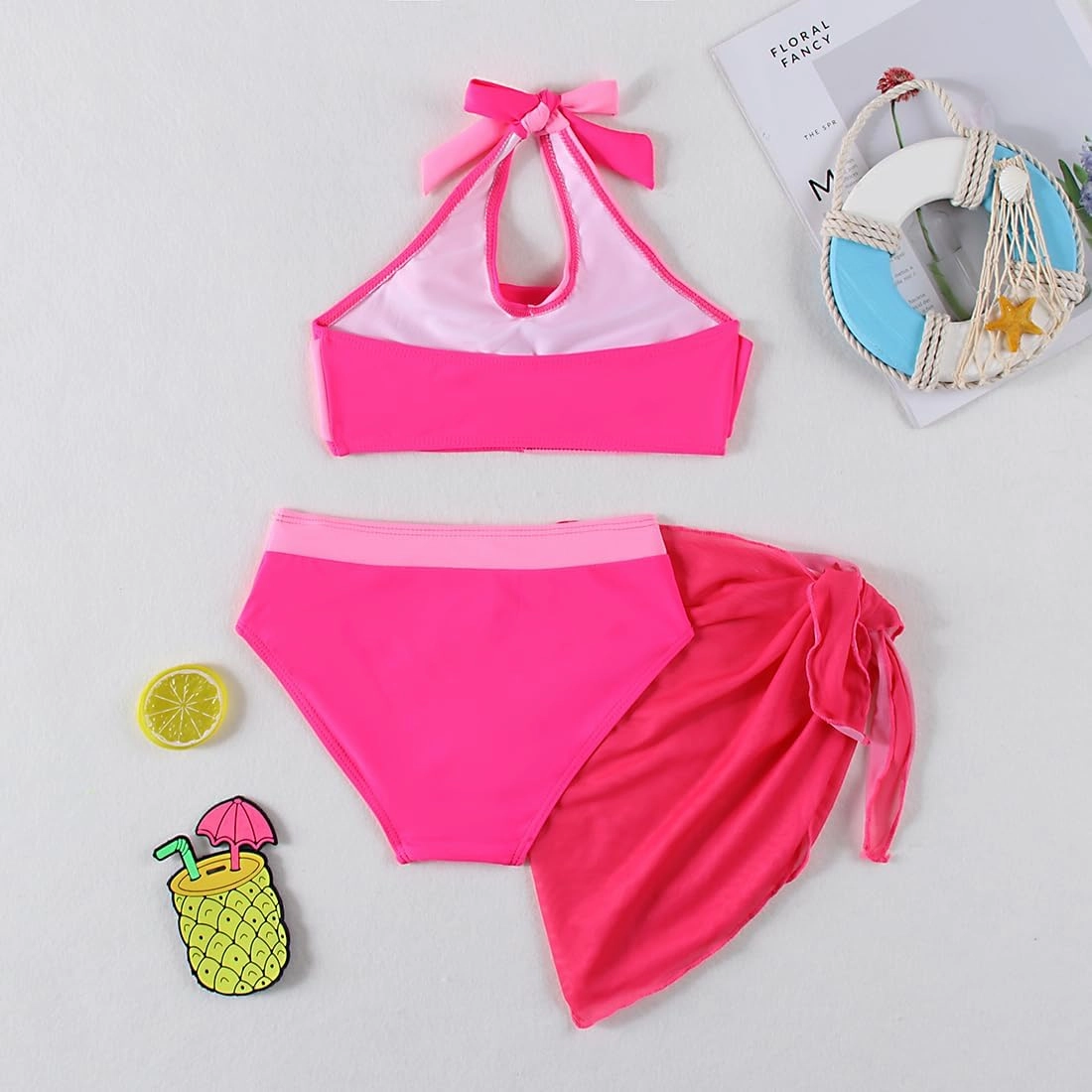 Girls Swimsuit 3 Pcs Bathing Suits Cute Bikini Sets with Solid Color Cover Up Skirt 5-14 Years
