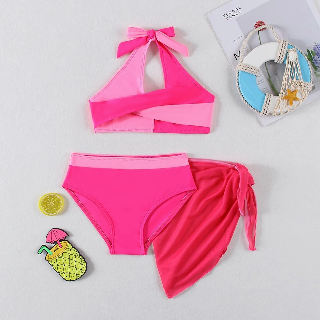Girls Swimsuit 3 Pcs Bathing Suits Cute Bikini Sets with Solid Color Cover Up Skirt 5-14 Years
