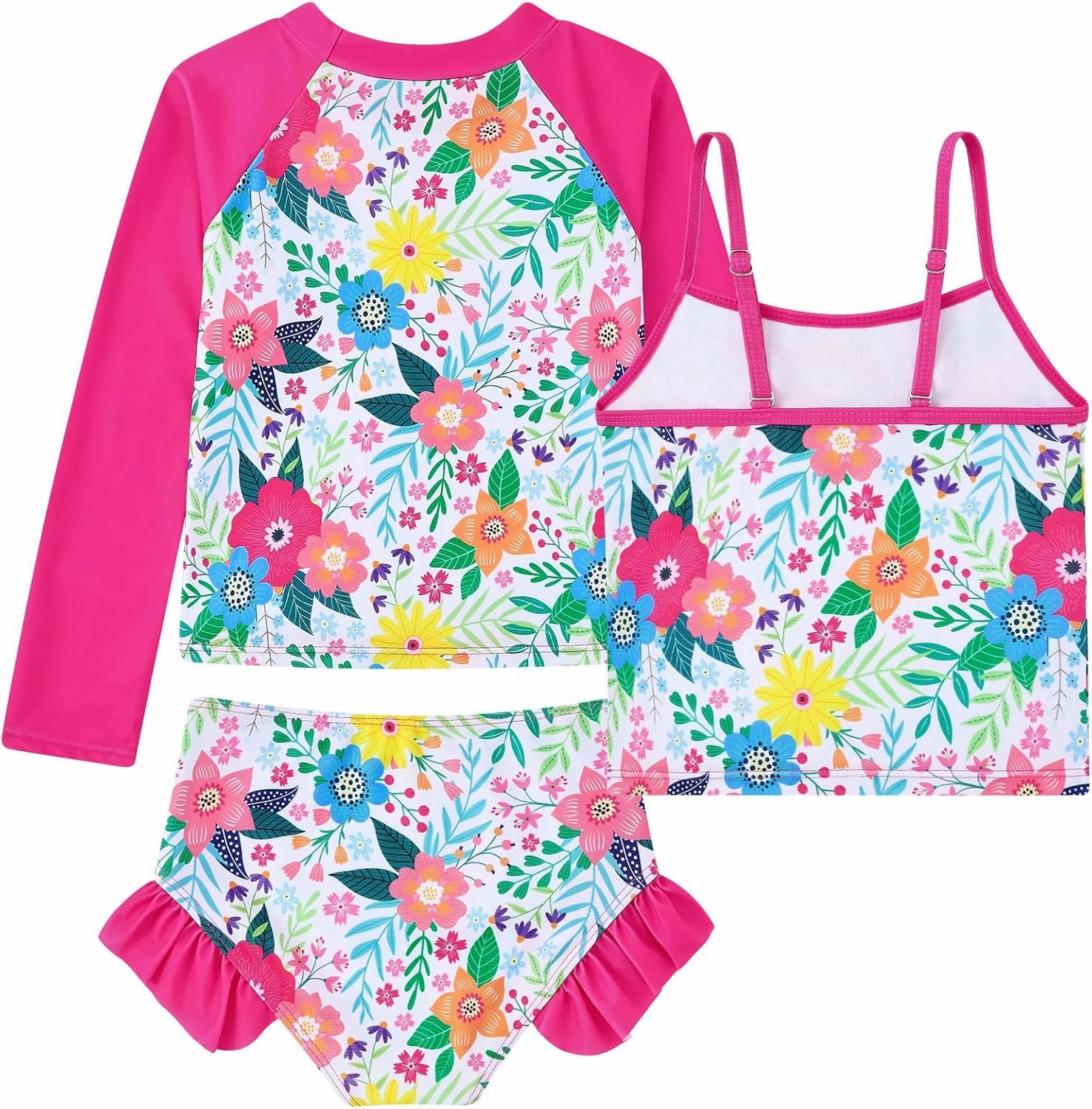 Girls Swimsuit 3 Piece Bathing Suit for 3-10 Years Kids Rash Guard Set Long Sleeve Tankini Swimwear