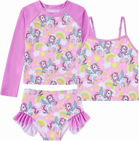 Girls Swimsuit 3 Piece Bathing Suit for 3-10 Years Kids Rash Guard Set Long Sleeve Tankini Swimwear