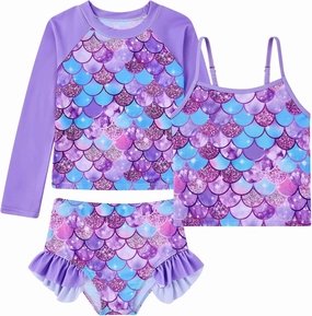 Girls Swimsuit 3 Piece Bathing Suit for 3-10 Years Kids Rash Guard Set Long Sleeve Tankini Swimwear