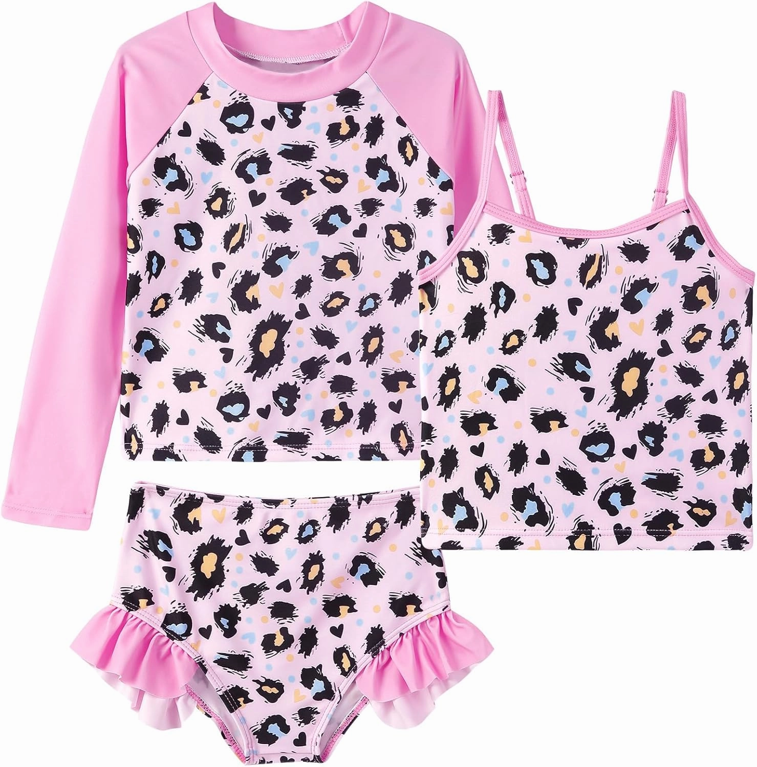 Girls Swimsuit 3 Piece Bathing Suit for 3-10 Years Kids Rash Guard Set Long Sleeve Tankini Swimwear