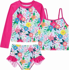 Girls Swimsuit 3 Piece Bathing Suit for 3-10 Years Kids Rash Guard Set Long Sleeve Tankini Swimwear