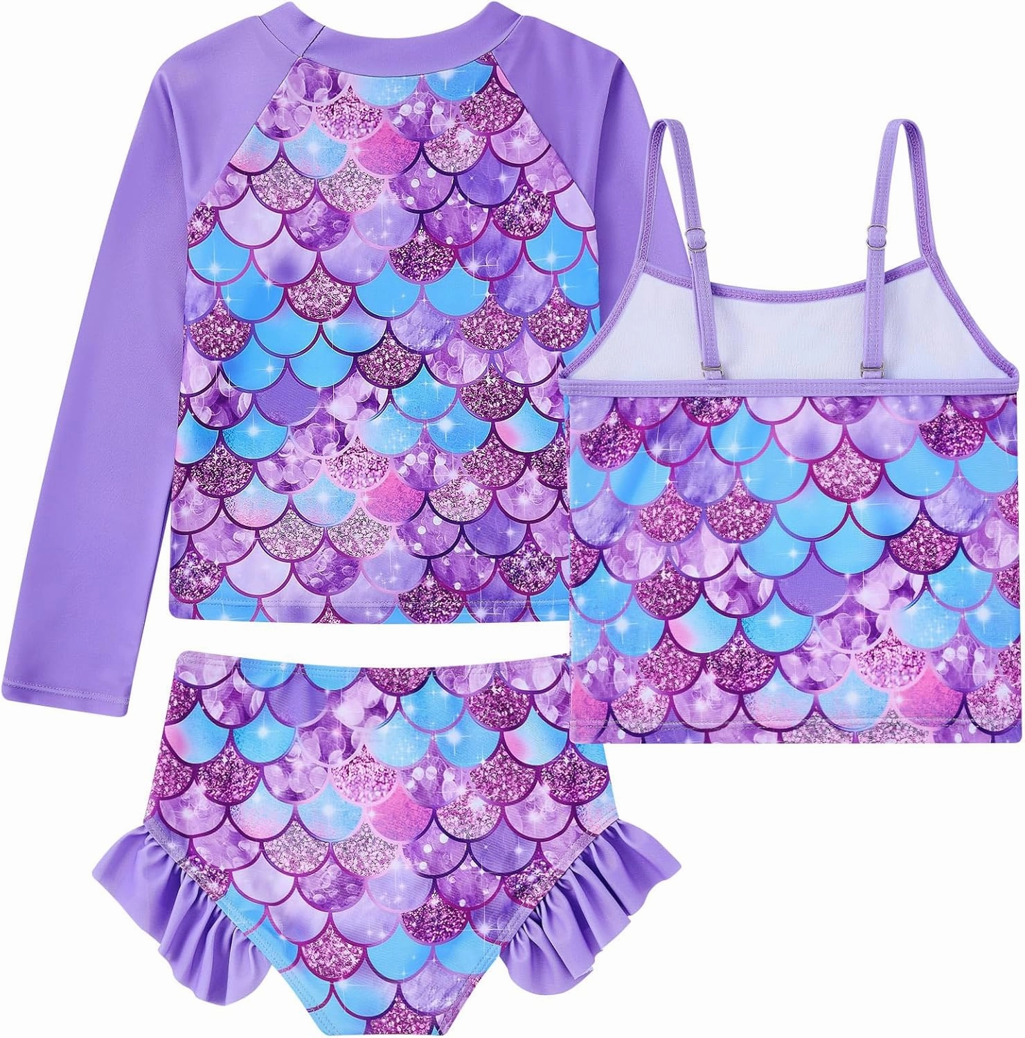 Girls Swimsuit 3 Piece Bathing Suit for 3-10 Years Kids Rash Guard Set Long Sleeve Tankini Swimwear