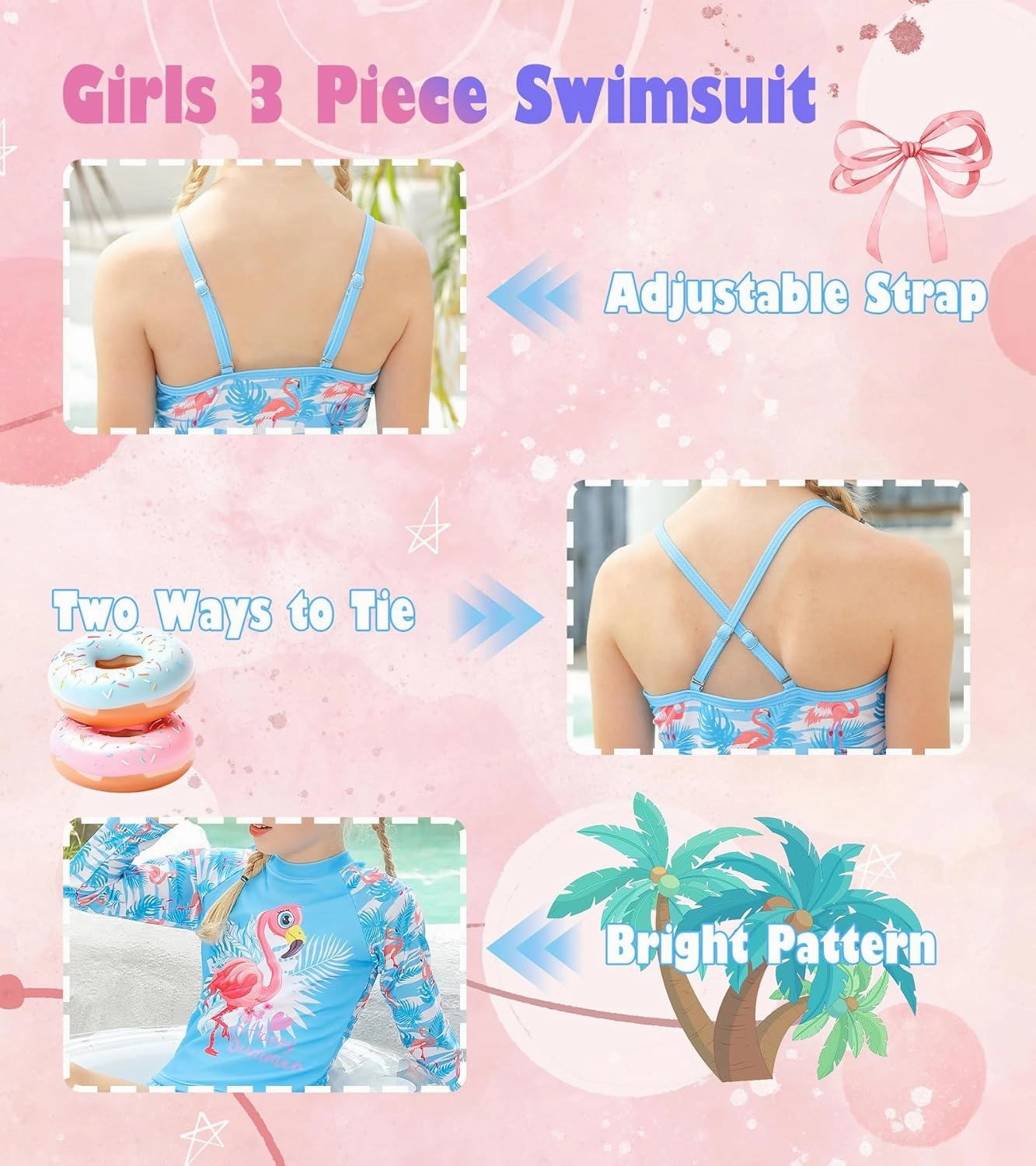 Girls Swimsuit 3 Piece Bathing Suit for 3-10 Years Kids Rash Guard Set Long Sleeve Tankini Swimwear