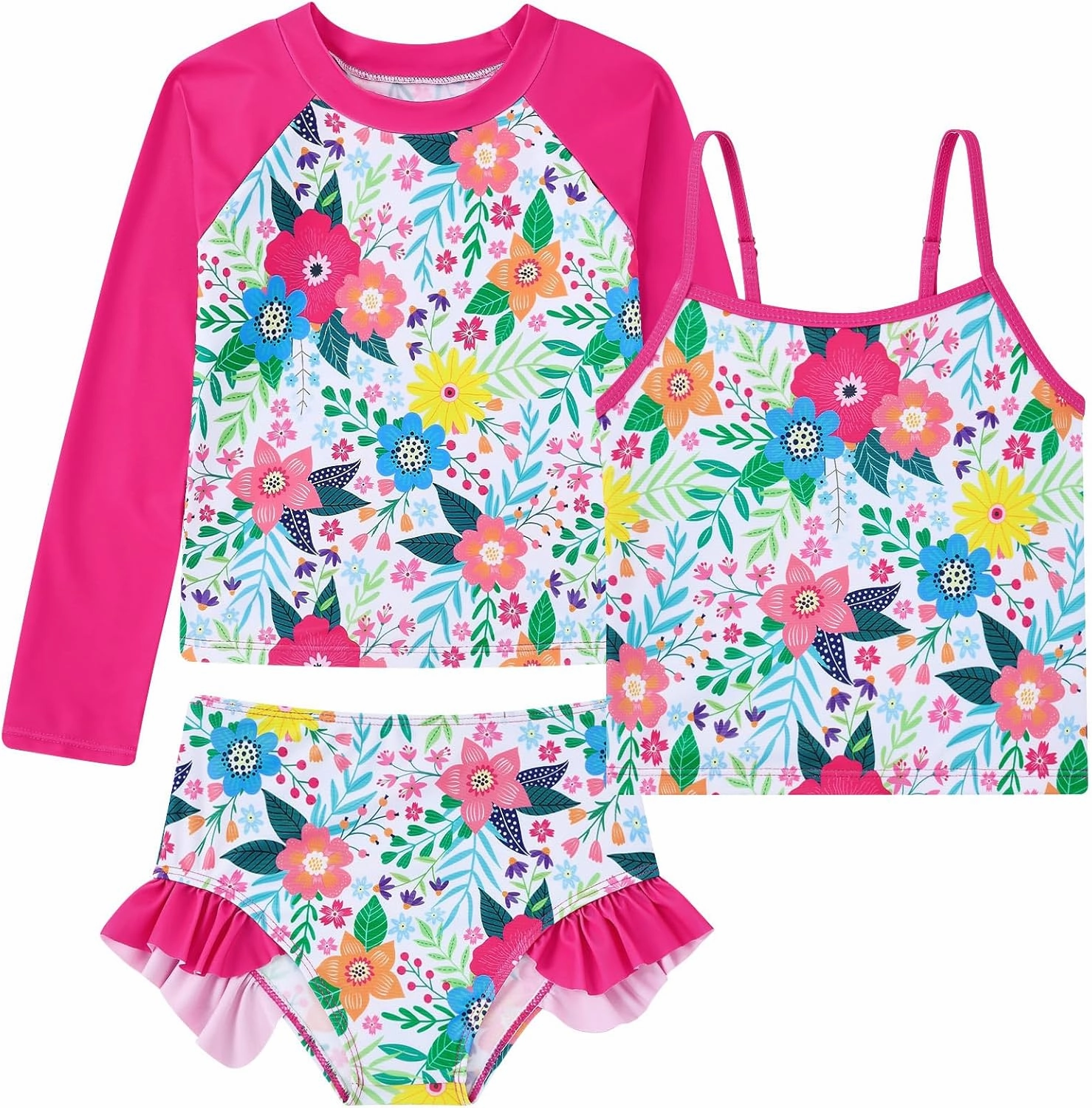 Girls Swimsuit 3 Piece Bathing Suit for 3-10 Years Kids Rash Guard Set Long Sleeve Tankini Swimwear