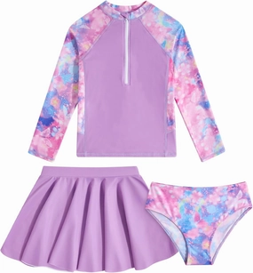 Girls Swimsuit 3-Piece Zipper Rash Guard UPF 50  Long Sleeve Skirt Set Bathing Suit Size 6-12 Years